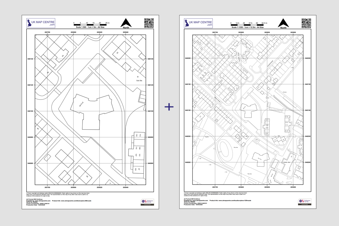 OS Planning Pack black and white example - 1:500 block plan and 1:1250 location plan side by side showing clean line work