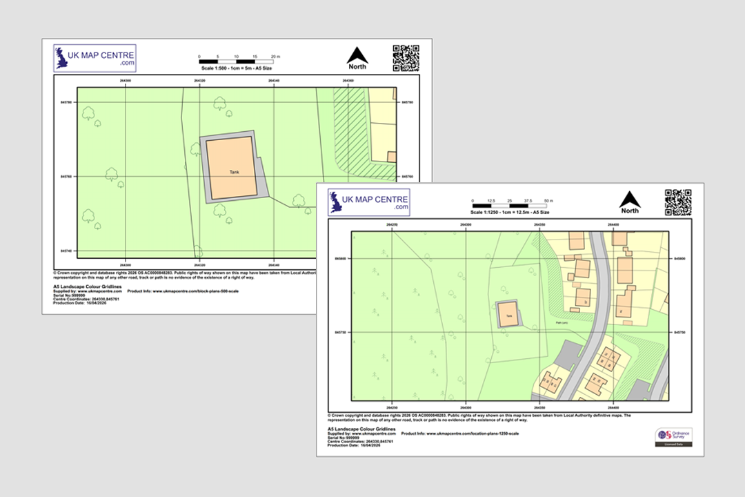 OS Planning Pack colour plans overlapping - 1:500 block plan showing the plot in close detail with the 1:1250 location plan providing the wider street context
