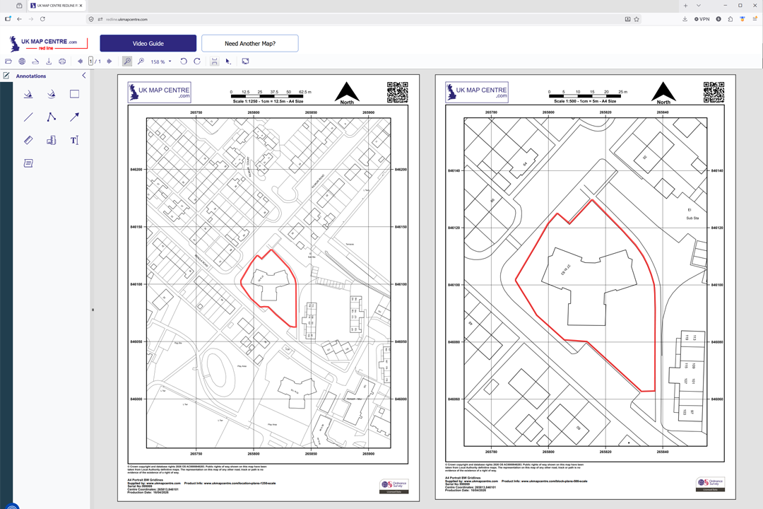 Online markup tool showing 1:500 block plan and 1:1250 location plan with red site boundaries drawn using the annotation tool