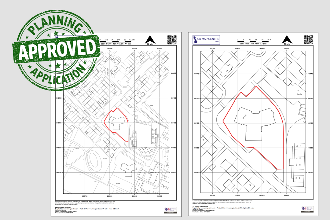 Planning Application Approved stamp over both the 1:500 block plan and 1:1250 location plan marked up with red site boundaries