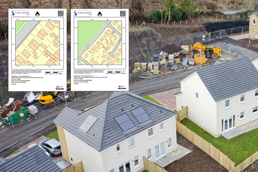 OS Planning Pack composited with new build housing development under construction - from planning drawings to completed project