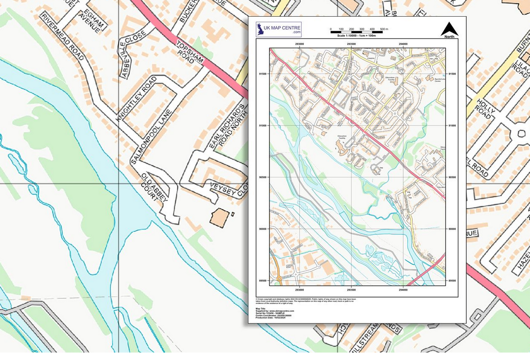 OS 1:10 000 street map extract overlaid on zoomed-in street data showing a river, named roads and buildings in a town centre