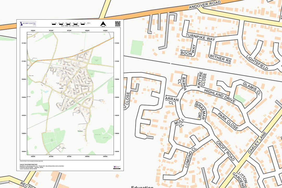 OS 1:10 000 street map extract inset over zoomed-in suburban streets with orange buildings, cul-de-sacs and green spaces - ideal for village planning on a budget