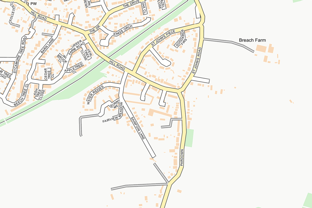Close-up of OS Open Map Local street data showing a village edge with named roads, orange buildings and Breach Farm - open data free to copy under the OGL