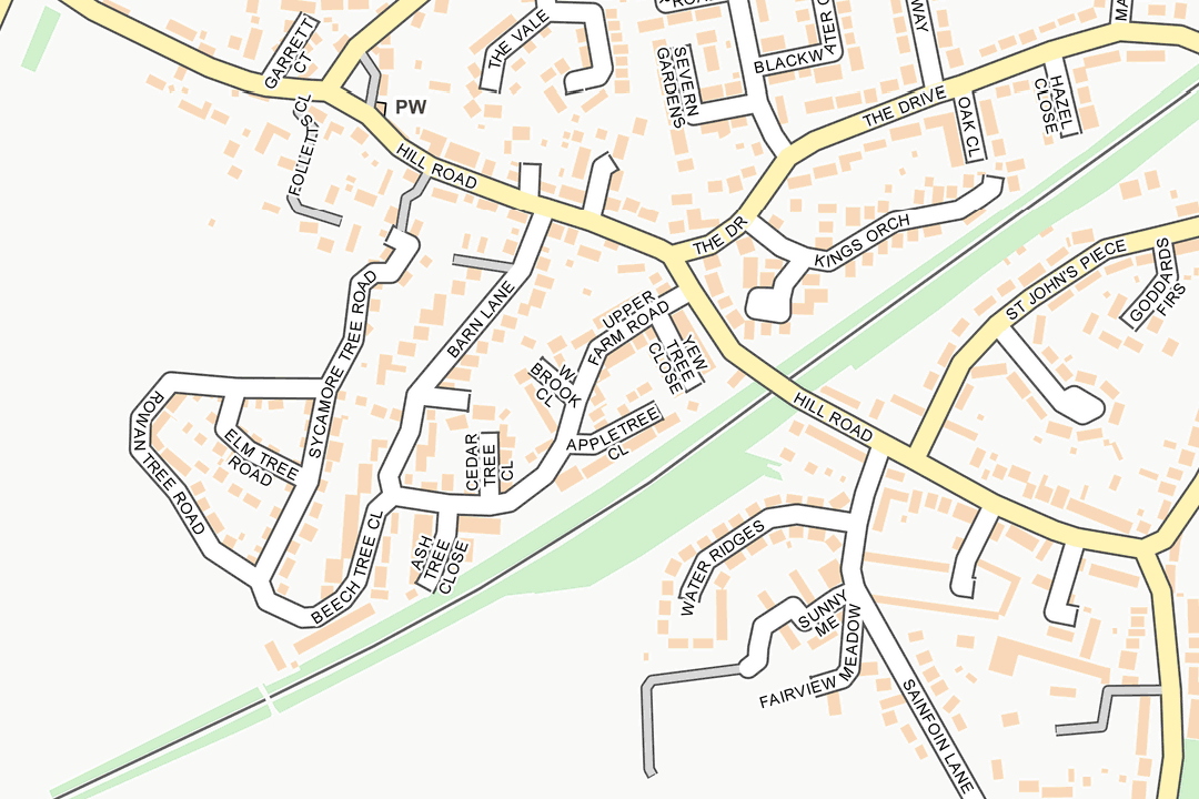 Close-up of OS Open Map Local street data showing suburban residential streets, crescents and cul-de-sacs with orange buildings