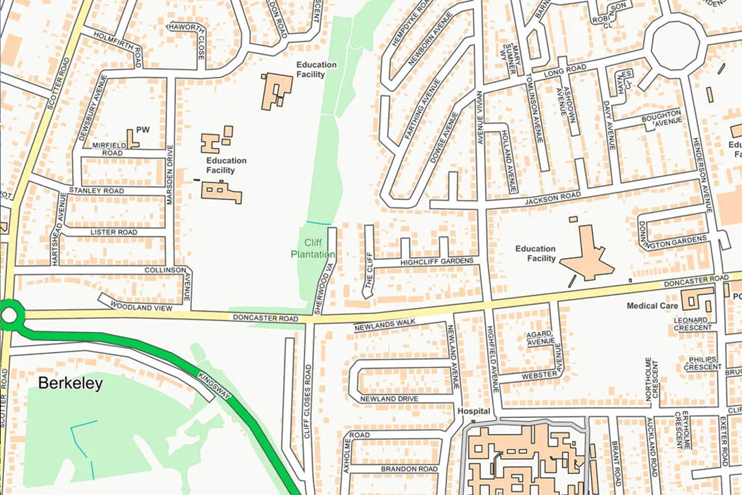 Close-up of OS Open Map Local street data showing an urban area with named streets, orange buildings, green space and a railway line