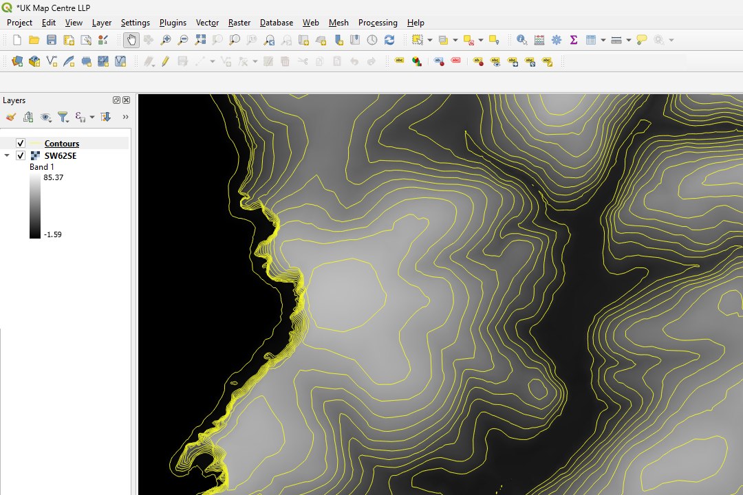 QGIS displaying an OS Terrain 5 tile library with yellow and green 5-metre contour lines generated from ASCII grid data across dark coastal terrain