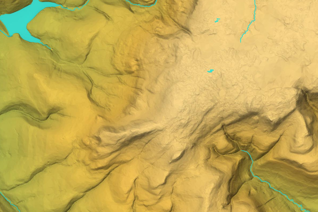 3D hillshade mosaic of multiple 5km terrain tiles rendered in golden and brown tones showing mountain valleys, blue lochs and sharp ridgelines