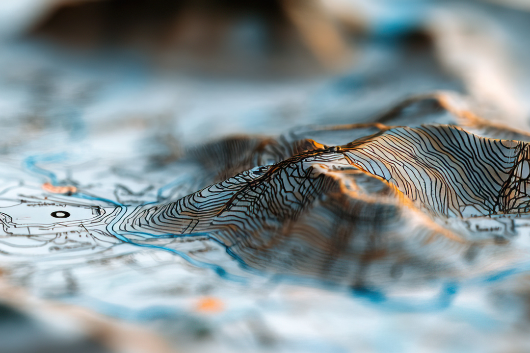 Macro photograph of a physical terrain model with embossed contour lines showing elevation detail at close range under artistic lighting