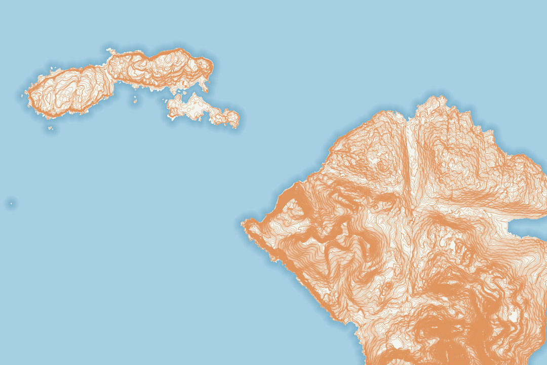 Coastal island elevation tiles showing islands and peninsulas in orange-salmon tones rising from blue ocean with seamless tile joining offshore