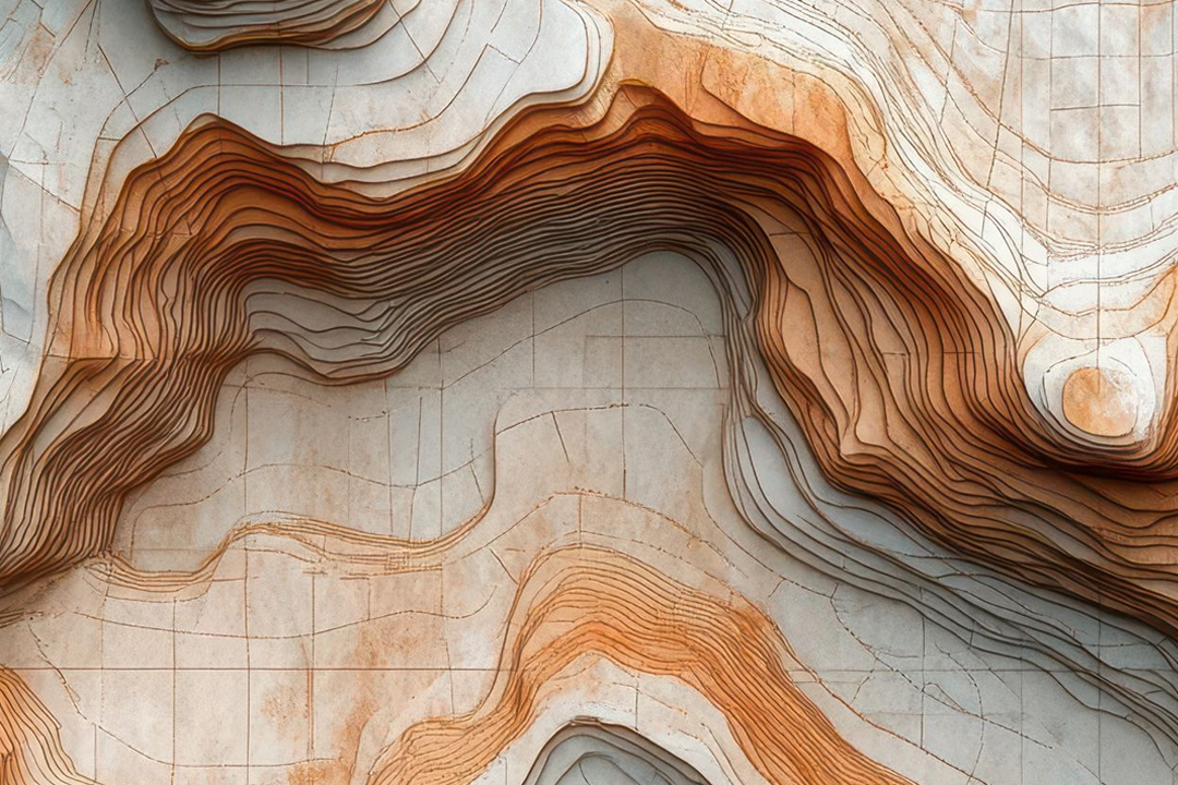 Artistic layered contour line visualisation showing brown, orange and grey stacked contour bands forming abstract elevation representation across multiple tiles