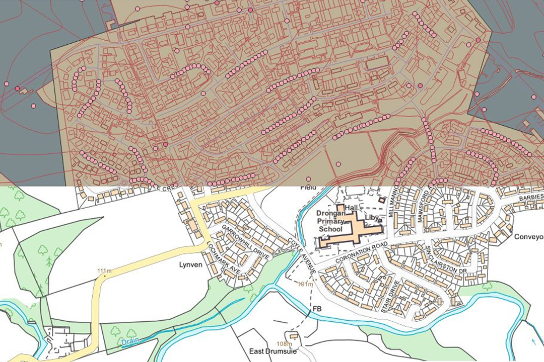 Before and after comparison of OS VectorMap Local GML data - raw unstyled features on top, full OS colour stylesheet styling on the bottom with buildings, roads, water and vegetation rendered in standard OS colours