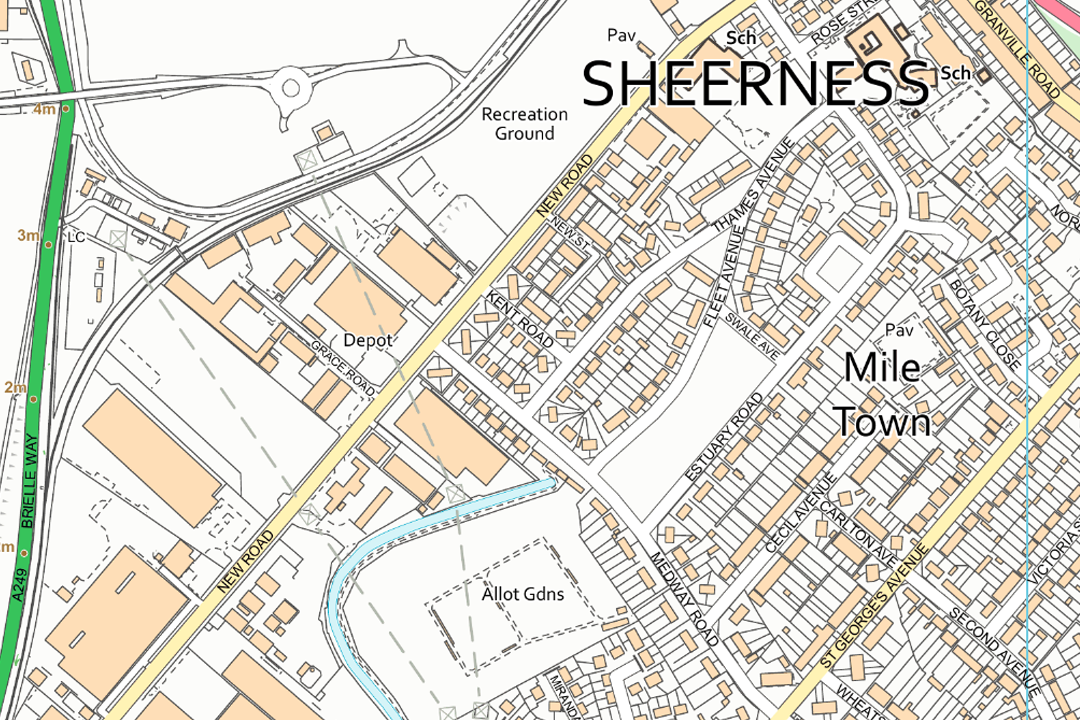 OS VectorMap Local styled tile of Sheerness showing recreation ground, Mile Town residential streets, orange building footprints and named roads