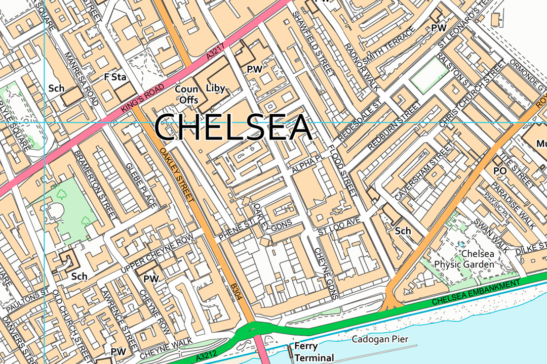 OS VectorMap Local styled tile of Chelsea in central London with pink trunk roads, green parkland, Thames riverfront and dense urban street grid