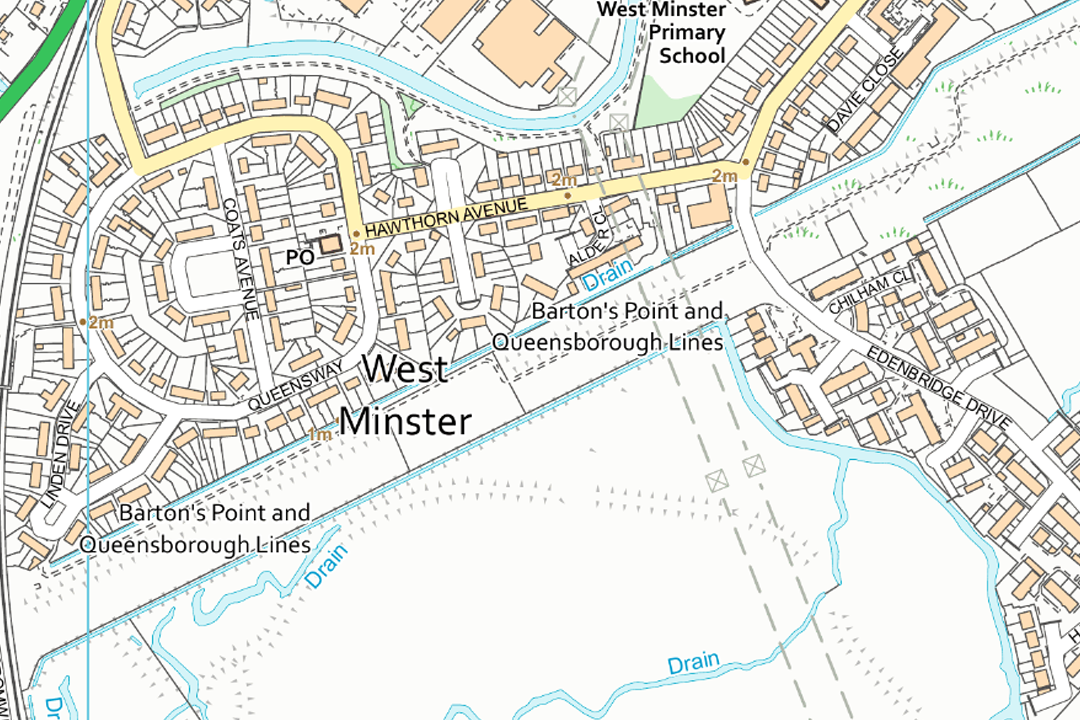 OS VectorMap Local styled tile of West Minster showing a suburban housing estate, primary school, coastal drainage and Barton's Point recreational area