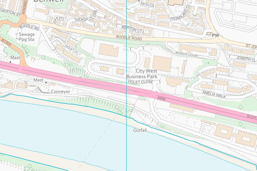 OS VectorMap Local styled tile of a waterfront area with business park, major road corridor, sewage works and river channel rendered in OS colours
