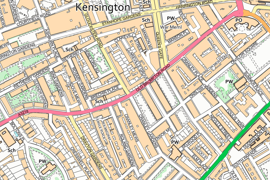 OS VectorMap Local styled tile of Kensington showing dense urban blocks, pink classified roads, schools, places of worship and residential street grid